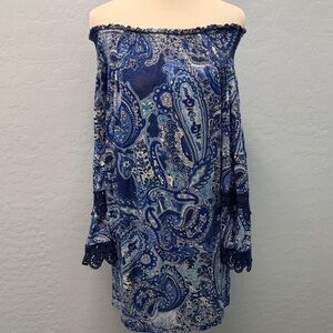 Blue Paisley Off-Shoulder Tunic with Lace Trim